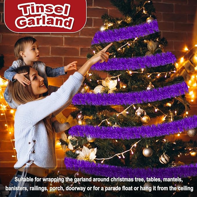 25 Feet Christmas Foil Fringe Banner Metallic Tassle Garland Metallic Backdrop Parade Floats Shiny Hanging Ceiling, Valentine's, Wedding, New Year Party Decorations(4" x 25', Purple)