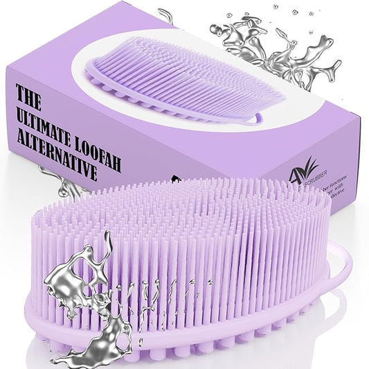Avilana Silicone Body Scrubber - Food Grade & Lab Tested, Gentle Exfoliating Shower Brush for All Skin Types, Hygienic Quick-Dry Loofah Alternative (Lavender, Massage-Silver)