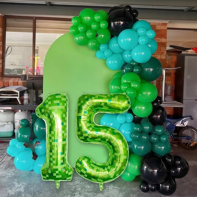 40 Inch Green Pixel Number 15 Balloon for 15th Birthday Decorations, Large Dark Kelly Lime Green Self Inflating Foil 15 Balloon Number for Boy 15 Year Old Birthday Party Video Game Patrick's Day Decor