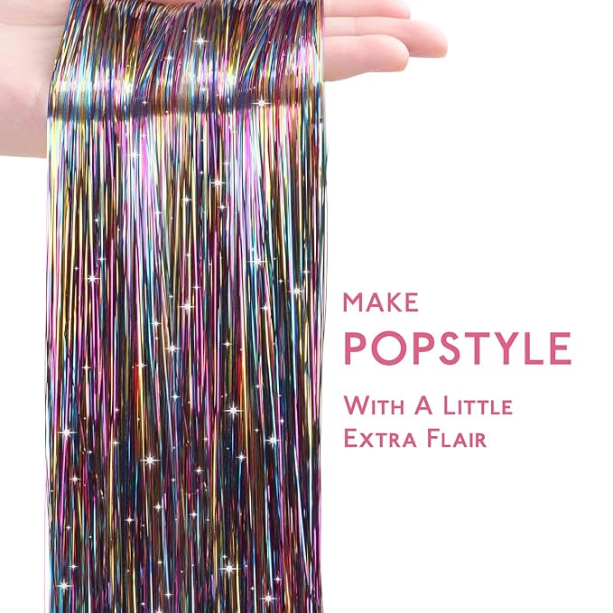 WENNALIFE Hair Tinsel for Girls, Mix 3 Colors Fairy Kit 1200 Strands 6PCS 48 Inch Heat Resistant Glitter Tinsel Hair Extensions Kit Christmas Feathers Sparkle Strands
