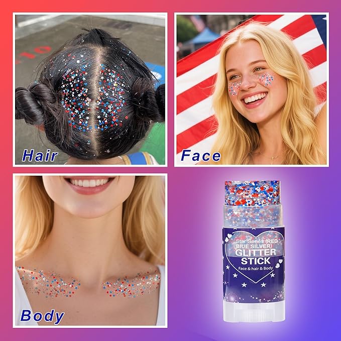 Red White Blue Hair Glitter Stick for Kids,Patriotic Face Body Glitter,4th of July Accessories,Fourth of July Outfits for Women,Patriotic Day Memorial Day Waterproof Chunky Glitter Makeup