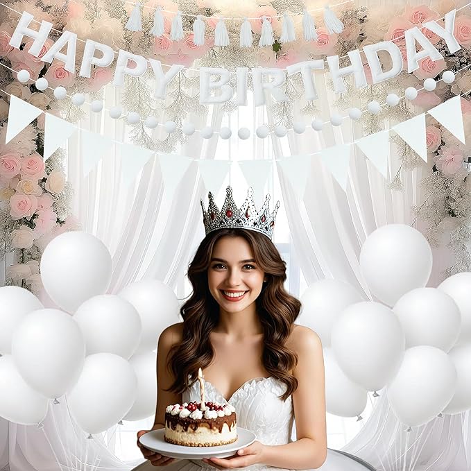 White Themed Birthday Decoration Set, White Pre-Strung 3D Felt Happy Birthday Banners, Pom-Pom Garland, Party Pennant Felt Banner Flags, Tassel Garland, Balloons, Reusable Party Decor,Photo Prop