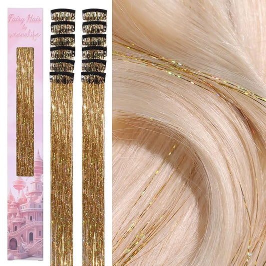 WENNALIFE Hair Tinsel kit for Girls, Clip in Hair Tinsel Champagne, 12PCS 24 Inch Hair Accessories for Women Clip in Colorful Glitter Fairy Girls for Kids