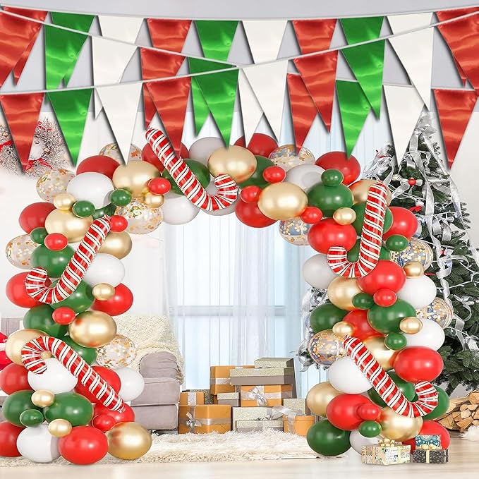 20M/65FT White Green Red Triangle Pennant Banner Flag Metallic Fabric Bunting Garland for Christmas Italy Mexican Birthday Baby Shower Wedding Banners,New Years Winter Decor Ouruola