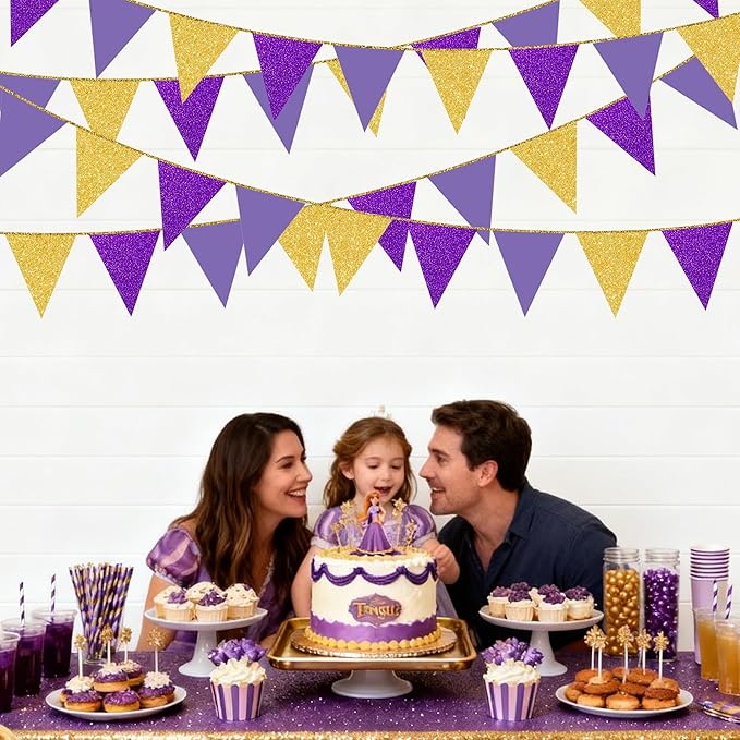 30Ft Purple Gold Party Decoration Pennant Banner Flag Hanging Glitter Paper Triangle Bunting for Baby Shower Birthday Bridal Shower Wedding Bachelorette Engagement Lavender Lilac Violet Party Supplies
