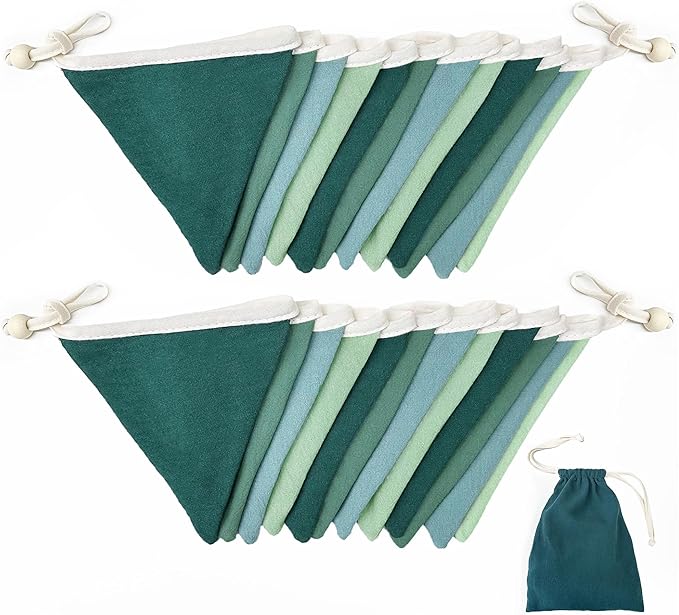 2 Sets of Gradient Dark Green Pennant Banner 24Pcs Nursery Garland Flags Sage Green Fabric Linen Triangle Streamers for Baby Room Decor Kids Jungle Safari Birthday Baby Shower Boho Party Decorations