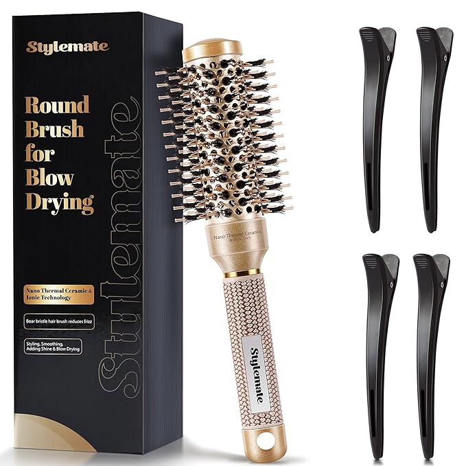 Small Round Brush for Blow Out, (Barrel 1 inch, 25mm) Nano Thermal Ceramic & Ionic Tech Round Barrel Hair Brush with Boar Bristles, Roller Brush for Blow Drying and Styling