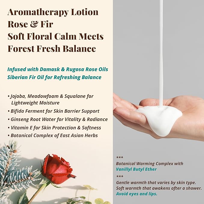 Rose & Fir Aromatherapy Lotion – Plant-Based Nourishing Hydration, Natural Essential Oil Aroma & Gentle Warming Massage, Romantic Cool Forest Rose Body Moisturizer, 3.4 fl oz / 100ml