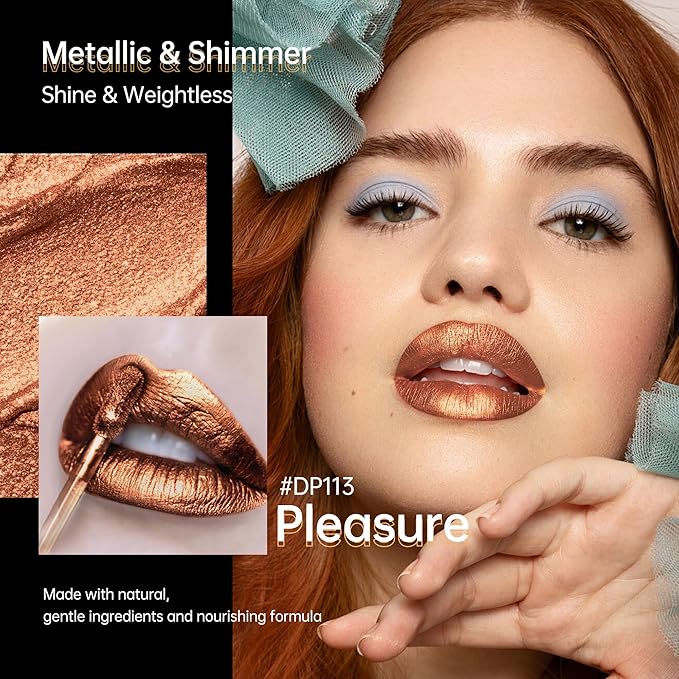Brown Lipsticks for Women Metallic Lipstick Long Lasting Non Stick Cup Lip Gloss, Shimmer Lightweight Hydrating Full Coverage Lip Color, DP113 Pleasure