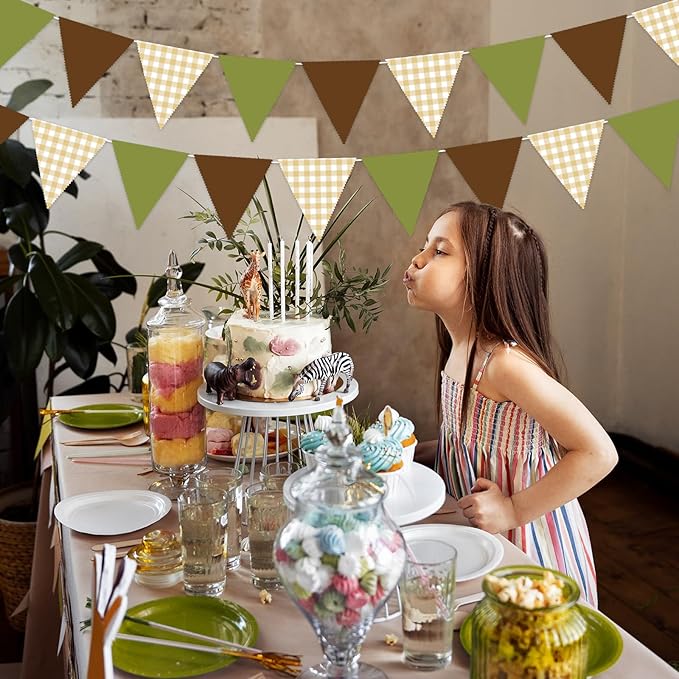 33 Ft Forest Party Hanging Banner Decoration Green Pennant Plaid Triangle Flag Fabric Bunting Garland for Birthday Wedding Baby Shower Party Supplies
