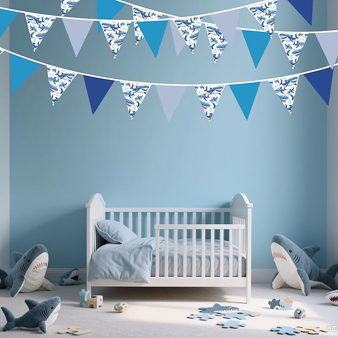 32Ft Shark Party Decorations Blue Cute Shark Triangle Flag Pennant Banner Fabric Garland Streamer for Kids Boys Ocean Birthday Sea Animal Nautical Baby Shower Under The Sea Party Decor Supplies