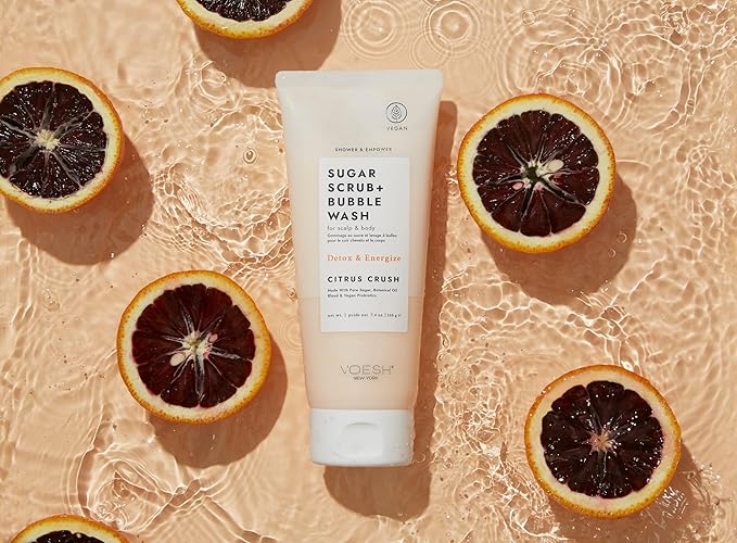 VOESH Sugar Scrub + Bubble Wash, Exfoliating Body Scrub & Body Wash, Citrus Crush, Scalp Scrub, Scalp Care, Shower Sugar Scrub, Vegan Body Care