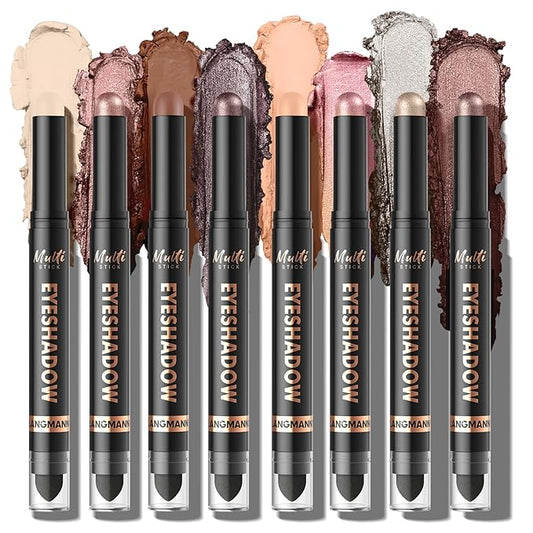 LANGMANNI 8Colors Dual-Ended Eyeshadow Stick Set – Silky Smooth, Waterproof & Transfer-Proof, Built-in Blender Brush, All-Day Matte & Shimmer Wear Eye Makeup(#A)