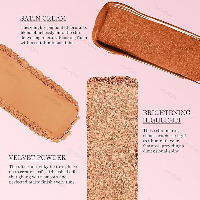 KYDA 3 Colors Blush Palette, All-In-One Face Maleup Palette, Matte Cheek Blusher Makeup, Multi-Finish Shimmery Blusher, Blendable Blush Highlighter Powder,02