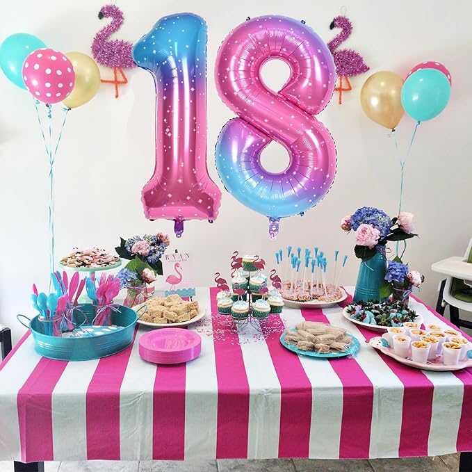 40 In Rianbow Large Numbers Balloons 0-9, Self Inflating Gradient Blue Pink Foil Number 0 Helium Balloons for Girls, Starry Digit 0 Balloons for Women Birthday Party Anniversary Supplies Decorations