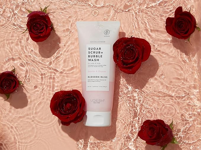 VOESH Sugar Scrub + Bubble Wash, Exfoliating Body Scrub & Body Wash, Blossom Bliss, Scalp Scrub, Scalp Care, Shower Sugar Scrub, Vegan Body Care