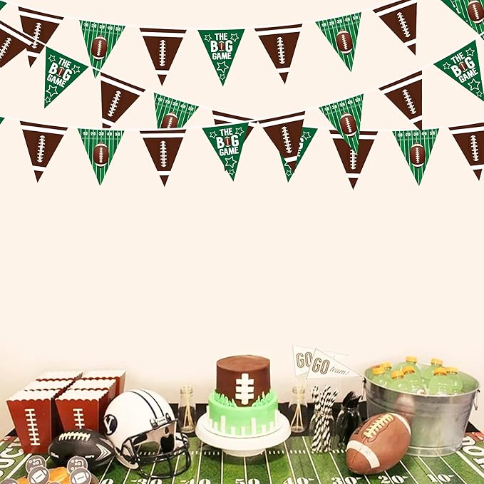 32Ft Football Pennant Banner - Green & Brown Triangle Flag Bunting Garland Streamers for Football Birthday, Baby Shower, Game Day & Sport Party Decor