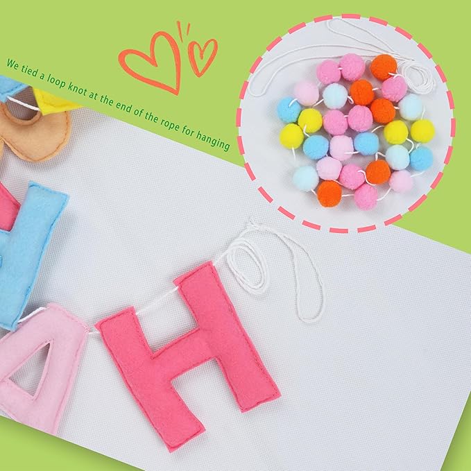 2 PCS Pre-Strung 3D Felt Happy Birthday Banner - Reusable Rainbow Happy Birthday Decorations Sign, Felt Ball Garland, Pom Pom Garland, Party Decor, Photo Prop (MACARON)
