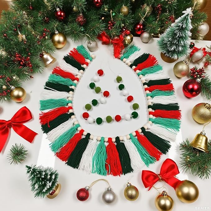 2 Pcs Boho Tassel Christmas Garland, Pom Pom Tassel, 6.5 Feet Long 20 Felt Balls, Christmas Colorful Wall Hanging Party Decorative Banner, Home Decoration Birthday Baby Shower