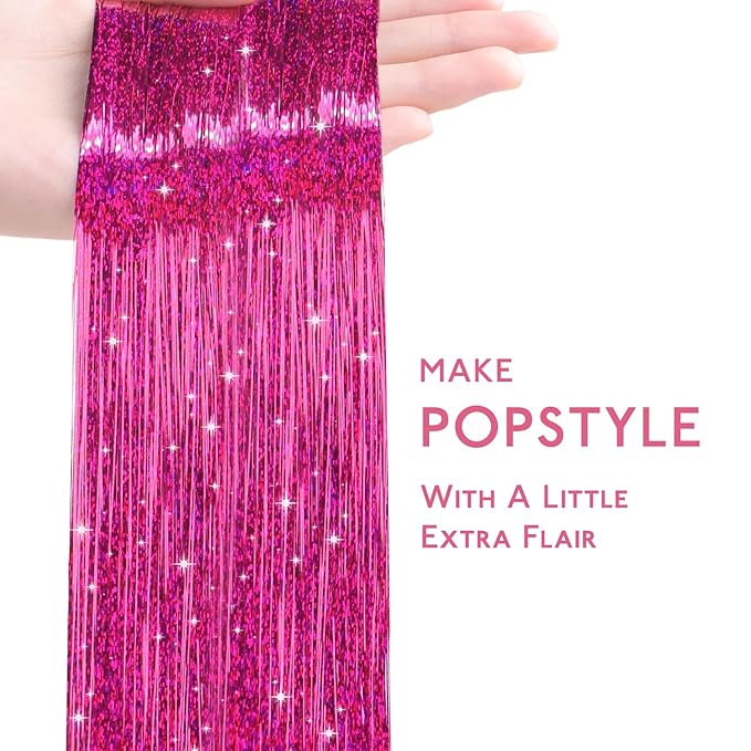 WENNALIFE Hair Tinsel for Girls, Rose Red Fairy Kit 1200 Strands 6PCS 48 Inch Heat Resistant Glitter Tinsel Hair Extensions Kit Christmas Feathers Sparkle Strands