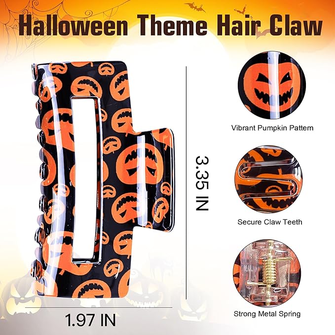 2 Pack Halloween Hair Claw Clips for Women, Pumpkin Spider Square Hair Claws for Thick and Thin Hair Large Claw Clip Hair Accessories for Halloween Costume Party Trick or Treat Deco