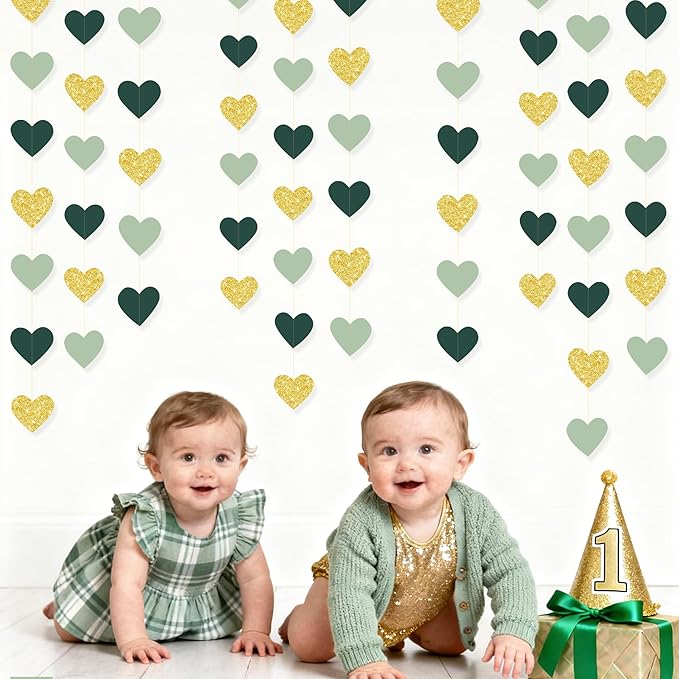 Sage Green and Gold Heart Party Glitter Gold Paper Olive Green Love Heart Hanging Garland Streamer Banner for Woodland Safari Baby Shower Birthday Wedding Anniversary Valentines Day Party Decorations