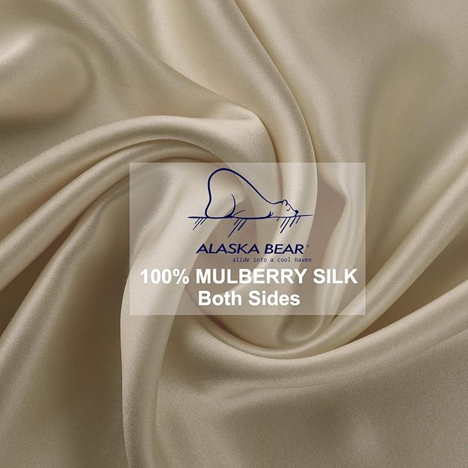 Queen Size Silk Pillowcase ALASKA BEAR Random Color Silk Scrunchie Gift Set for Beauty Sleep Queen 20 inch x30 inch (1 Pack, Beige)