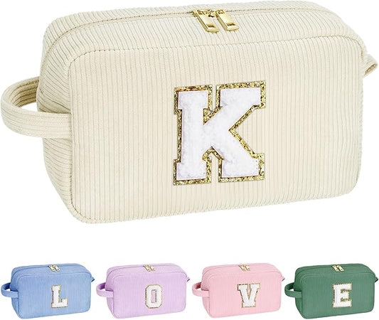 YOOLIFE Travel Cosmetic Bags for Women - Monogram Make Up Bag Travel Makeup Bag Travel Essentials Corduroy Makeup Bag Bridesmaid Proposal Gifts Girlfriend Wife Sister Gifts for Women Girls Letter K