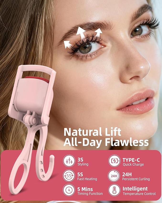 2PCS Heated Eyelash Curler, 5S Fast Heating Electric Eyelash Curler, Safe Anti-Scald Eyelash Curlers with Silicone Pad, Type-C Quick Charge, Intelligent Temp Control, 24H Long-Lasting Curls