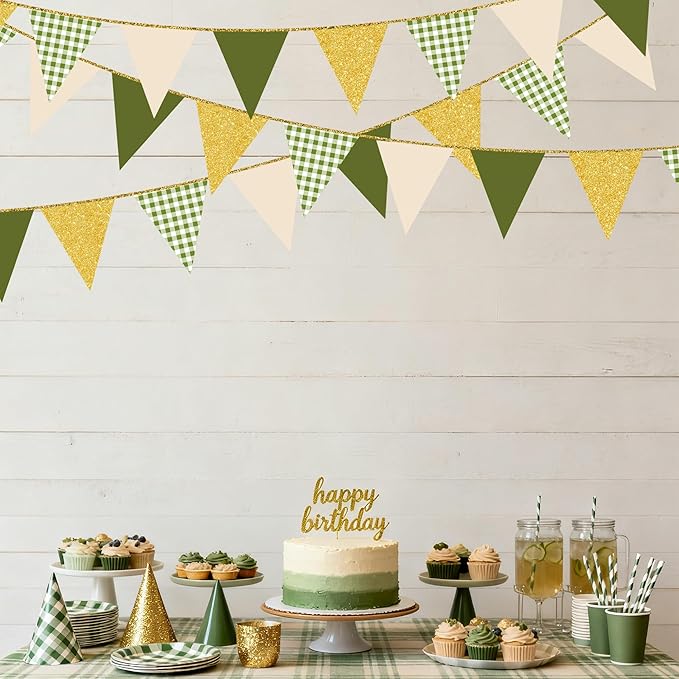 Sage Green Gold Buffalo Plaid Pennant Banner Flag Oilve Green Gold Hanging Glitter Paper Triangle Bunting for Birthday Neutral Baby Shower Wedding Safari Jungle Woodland Party Decorations Supplies