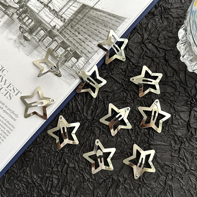 Star Hair Clips 2000s Y2K Snap Hair Barrettes Non Slip Star Hair Accessories Silver Metal Hair Clips for Girls Women -30 PCS 1.57"