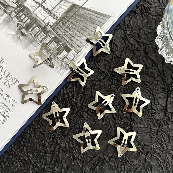 Star Hair Clips 2000s Y2K Snap Hair Barrettes Non Slip Star Hair Accessories Silver Metal Hair Clips for Girls Women -30 PCS 1.18"
