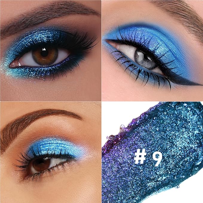 Glitter Eyeshadow Stick Metallic Chrome Finish, Shimmer Cream Eye Shadow Stick Long Lasting Holographic Color Sparkle Multi-Use Eye Brightener Highlighter Makeup Blendable Eyeliner Pencil, 9#