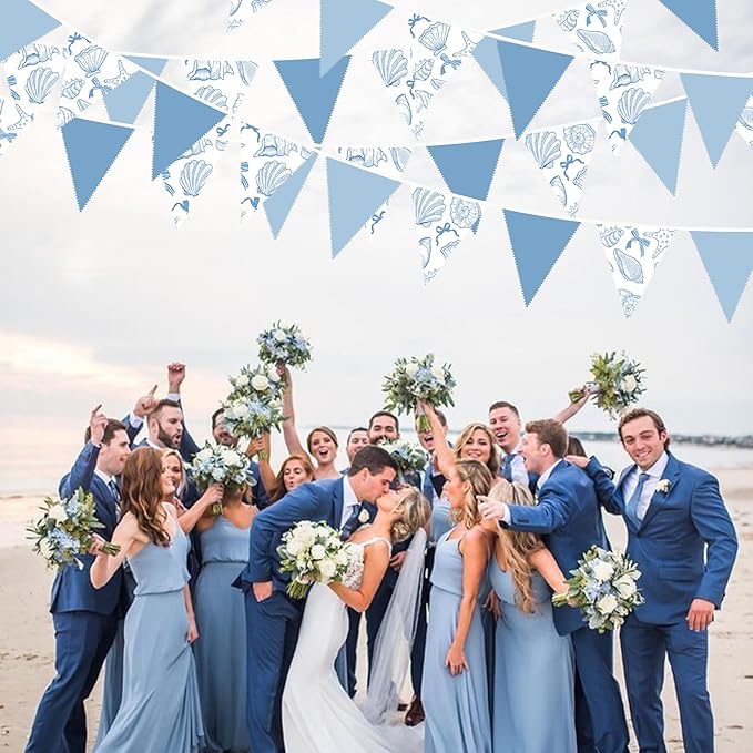 32Ft Ocean Coastal Nautical Beach Party Decorations Blue Bow Starfish Seashell Fabric Pennant Banner Triangle Flag Garland Streamer for Under The Sea Birthday Summer Baby Shower Bachelorette Supplies