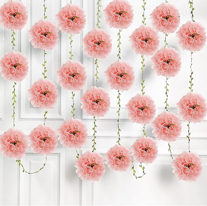 Tissue Paper Pom Pom Garland Hanging Paper Flower Decorations for Wedding Baby Shower Engagement Garden Tea Party Bridal Shower Spring Summer Wall Decor Nursery Arch Backdrop