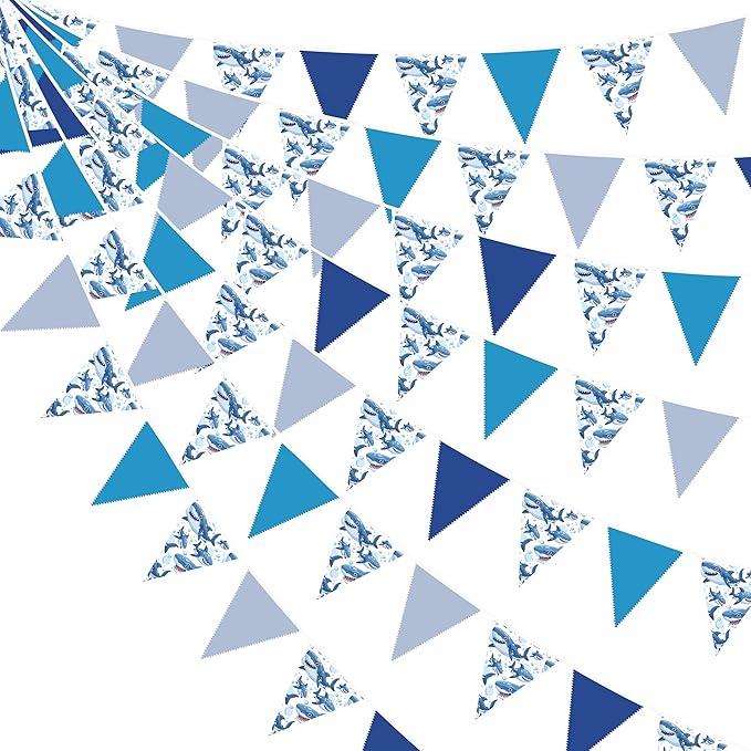 32Ft Shark Party Decorations Blue Cute Shark Triangle Flag Pennant Banner Fabric Garland Streamer for Kids Boys Ocean Birthday Sea Animal Nautical Baby Shower Under The Sea Party Decor Supplies