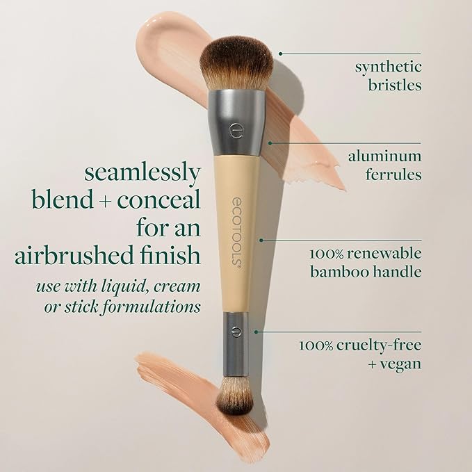 EcoTools Blend + Conceal Dual-Ended Makeup Brush, Foundation & Concealer Brush For Liquid & Cream Formulas, Face Makeup Brush, Synthetic Bristles, Vegan & Cruelty-Free, Travel & Eco-Friendly, 1 Count
