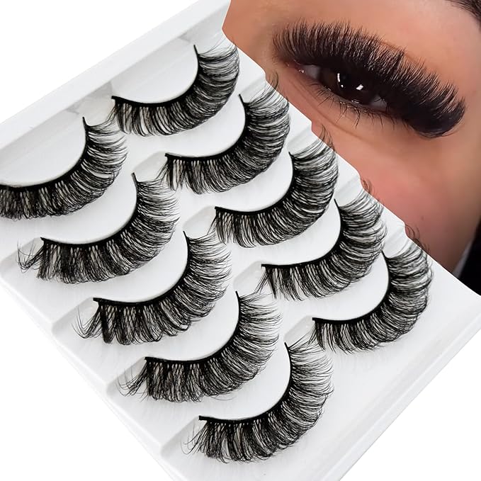 Short Thick Lashes Natural Look D Curl Eyelashes that Look Like Extensions 5 Pair Fluffy Mink Wispy Cat Eye Strip False Volume Lash Pack 8-14mm Full Mega Double Stacked Eyelash Small Fake Lashes