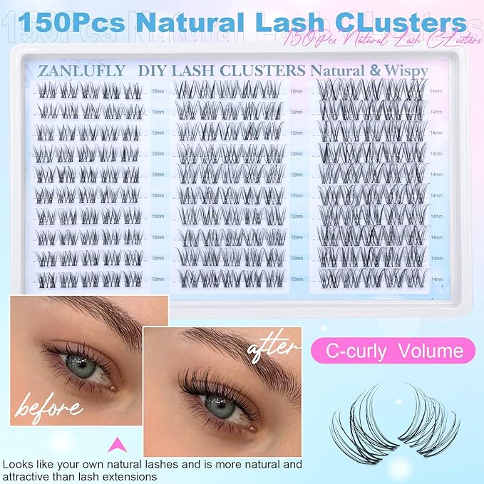 Wispy Lash Clusters Natural Eyelash Clusters C-Curly Cluster Lashes zanlufly Wispy Individual Lashes 150Pcs Eyelash Extension 10 12 14MM DIY Lash Extension