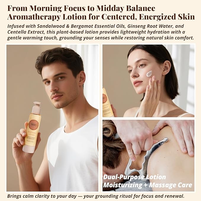 Sandalwood & Bergamot Aromatherapy Lotion – Plant-Based Nourishing Hydration, Natural Essential Oil Aroma & Gentle Warming Massage, Soothing Wood-Citrus Body Moisturizer, 3.4 fl oz / 100ml