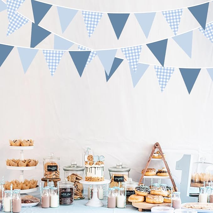 32Ft Dusty Blue Party Decorations Retro Blue Gingham Triangle Banner Flag Pennant Fabric Garland Streamers for Nautical Wedding Birthday Ahoy Achor Bridal Baby Shower Under The Sea Decor Supplies