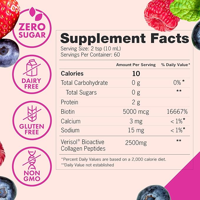 Zena Nutrition Liquid Collagen Peptides (Type 1 & 2) & 5000mcg Biotin, 2500mg Verisol Bioactive Collagen Peptides, Hair, Skin, Nail Supplement for Women & Men, Mixed Berry, 60 Servings, 20.3 fl oz