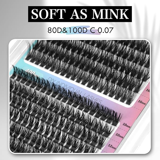 400 Pcs Lash Clusters, Individual Lashes, 80D/100D Mixed Individual Lash Extensions, Soft Lightweight Reusable DIY Eyelash Extensions, Thickness 0.07mm C Curl False Eyelashes (10-16mm Mix)
