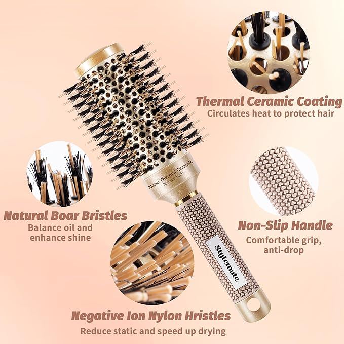 Round Hair Brush for Blow Out, Nano Thermal Ceramic & Ionic Tech, 1.3 inch Barrel, Boar Bristles, Roller Brush for Blow Drying and Styling, Includes 4 Free Clips, Gold