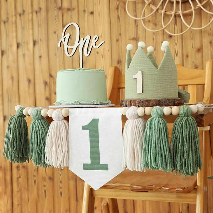 Wild One High Chair Banner For 1st Birthday Party Decorations With Green Wood Bead Tassel Garland Crown Hat Wooden Cake Topper