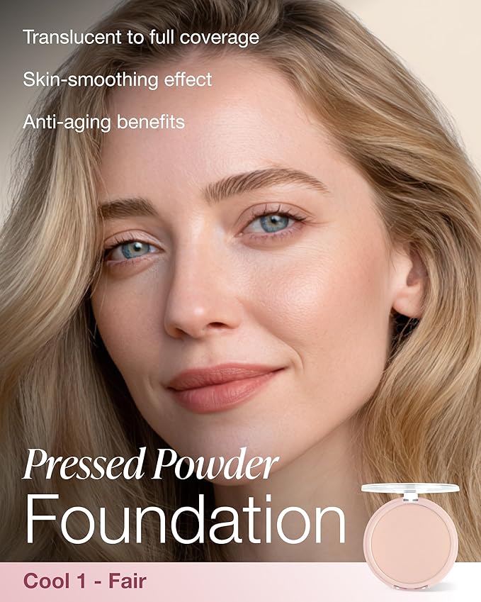 Mineral Fusion Pressed Powder Foundation - Matte Finish Face Powder for Fair Skin with Pink/Red Undertones - Age Defying Natural Makeup - Talc Free, Vegan, Hypoallergenic (Cool 1)