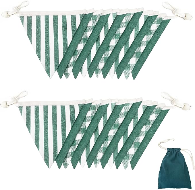 2 Sets Green Pennant Banner Flags 24Pcs Green Buffalo Plaid Striped Nursery Garland Linen Fabric Gingham Triangle for Baby Playroom Decor Kids Checkered Birthday Golf Baby Shower Party Decorations