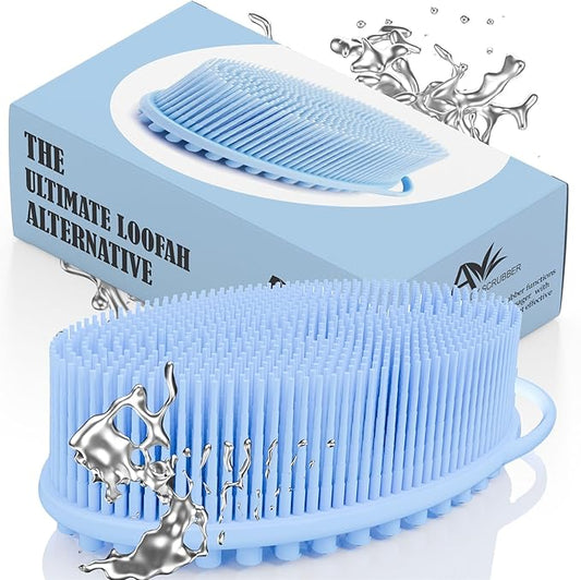 Avilana Silicone Body Scrubber - Food Grade & Lab Tested, Gentle Exfoliating Shower Brush for All Skin Types, Hygienic Quick-Dry Loofah Alternative (Blue, Massage-Silver)