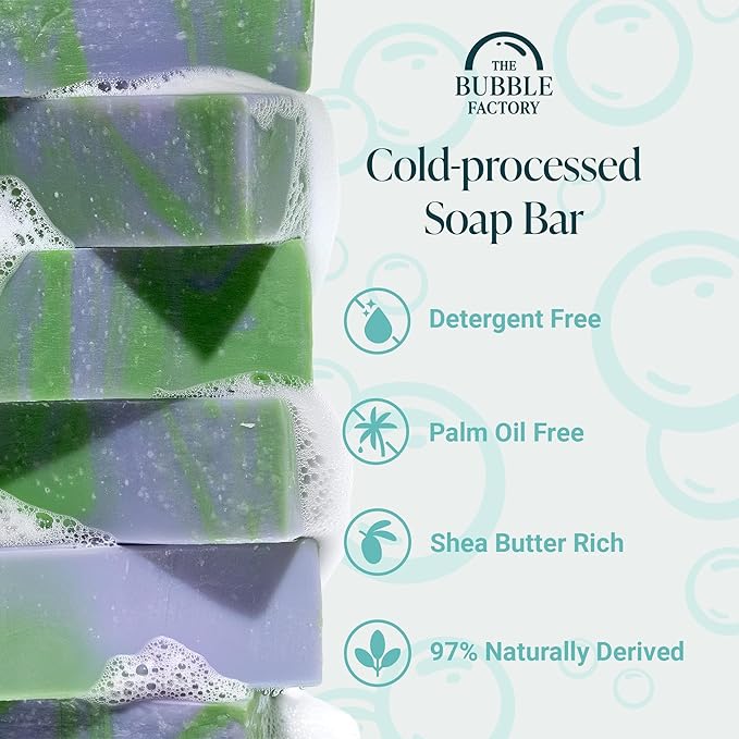 The Bubble Factory Handmade Natural Bath & Body Soap Bar, Vegan, All-Natural, Palm Oil Free, Made in USA with Shea Butter + Essential Oils, Lavender Rosemary, 3 Bars