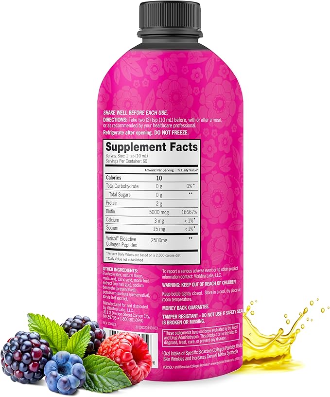 Zena Nutrition Liquid Collagen Peptides (Type 1 & 2) & 5000mcg Biotin, 2500mg Verisol Bioactive Collagen Peptides, Hair, Skin, Nail Supplement for Women & Men, Mixed Berry, 60 Servings, 20.3 fl oz